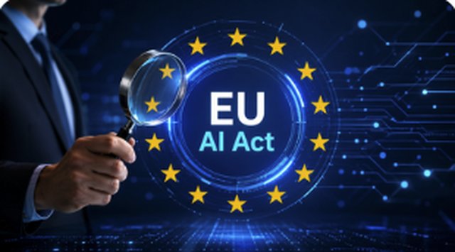 Course cover EU AI Act for Employees: person in a suit holding a magnifying glass in front of a glowing circle of stars reading EU AI Act (AI generated)
