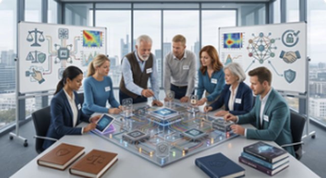 Course cover Generative AI in Practice: team at a meeting table around a holographic display, with whiteboards showing diagrams in the background (AI generated)