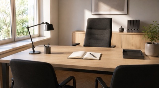 Course cover AI for Managers: desk with an open notebook and pen, with two empty visitor chairs in front of it (AI generated)
