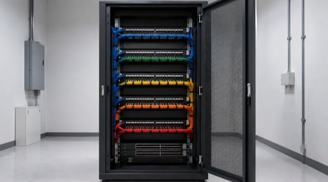 Course cover AI in IT and Development: open network cabinet with neatly routed coloured patch cables (AI generated)