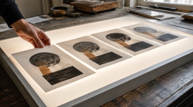 Course cover AI in Marketing and Communications: light box with several prints of the same motif lying side by side (AI generated)