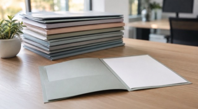 Course cover AI in Human Resources: stack of closed application folders on a desk, with a single open folder in front of it (AI generated)
