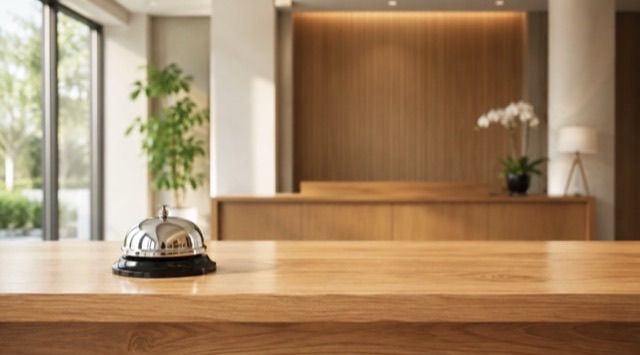 Course cover AI in Sales and Customer Service: wooden service counter with a silver desk bell, with a bright reception area behind it (AI generated)