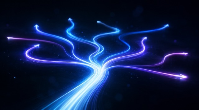 Course cover Advanced Prompt Techniques: glowing trail of light branching upwards into many separate arrows (AI generated)