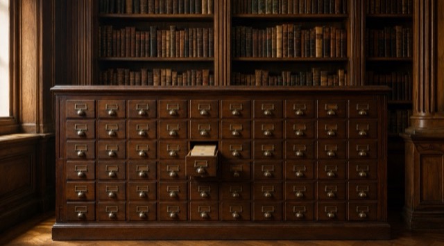 Course cover Knowledge for AI Agents - RAG and Knowledge Graphs: old wooden card catalogue cabinet in front of bookshelves, one drawer standing open (AI generated)