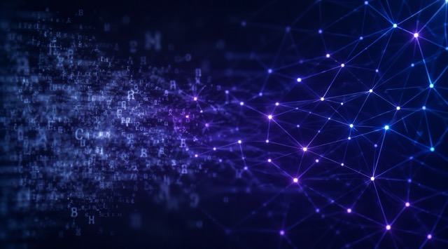 Course cover How Language Models (LLMs) Work: cloud of individual letters transitioning to the right into a network of dots and lines (AI generated)