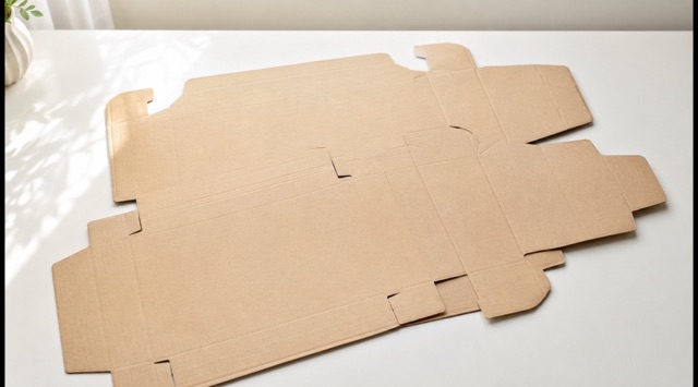 Course cover Environmental Claims in Advertising: unprinted folding carton blanks of light cardboard on a work table (AI generated)